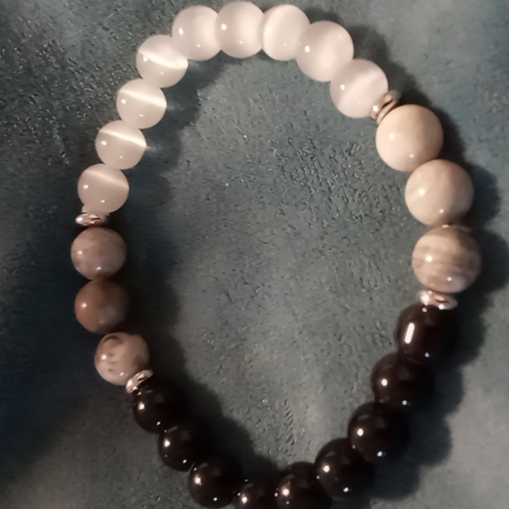 Natural stone agate bracelet obsidian, quarts & silver beaded accent expandable